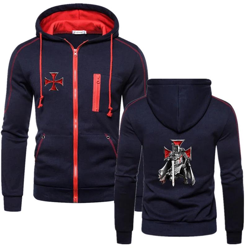 Knights Templar Hoodie - Navy Blue & Red Printed Design With Zipper