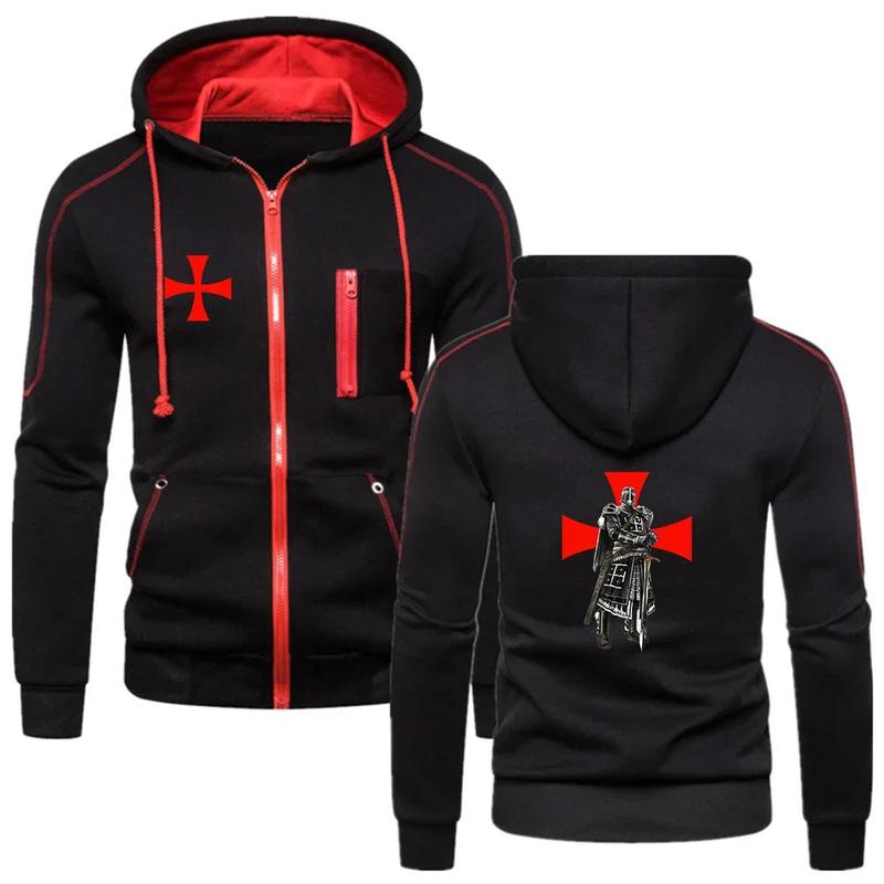 Knights Templar Zipper Hoodie - Black Long Sleeve Polyester Printed Front & Back